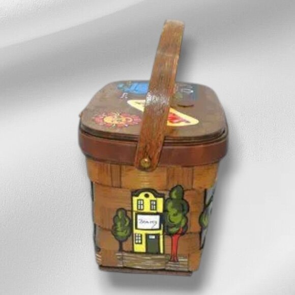 Vintage MCM Caro-Nan Basket Purse Signed Grand Rapids Streetscape Hand Painted - Picture 4 of 14